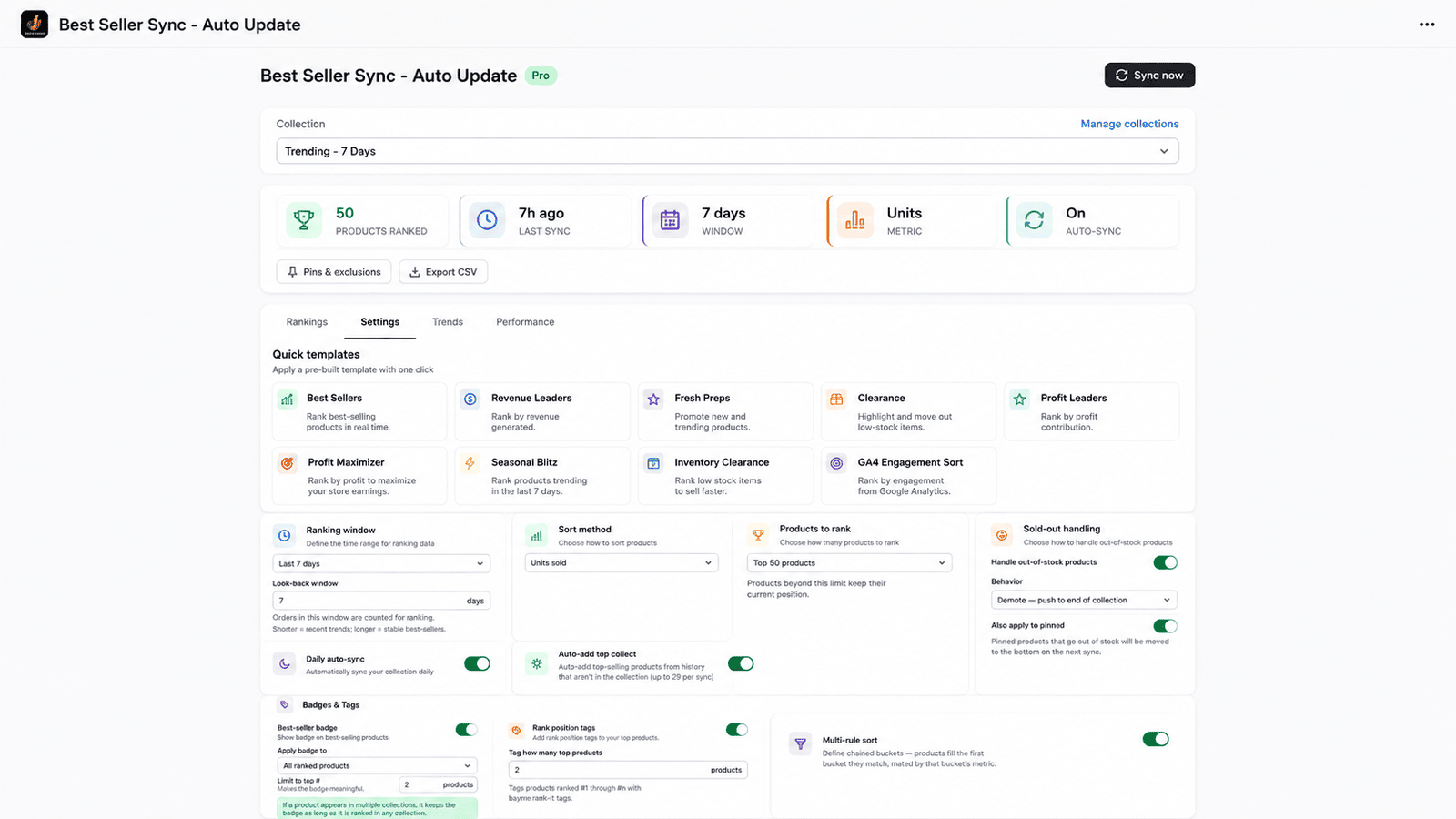 Best Seller Sync settings: quick-start ranking templates plus rules for ranking window, sort method, sold-out handling, and badges.